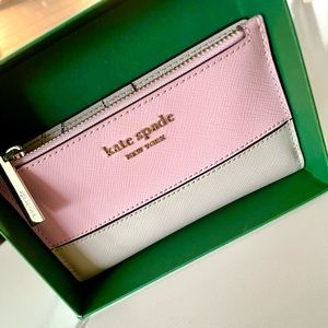 Kate Spade Small Slim Bifold Wallet Pink Gray Card Holder Zipper Brand New
